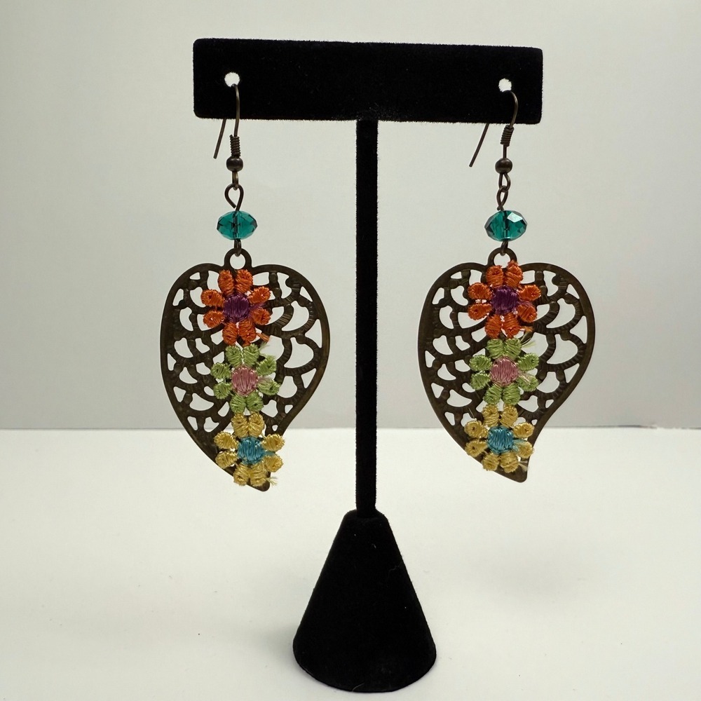Filigree Floral Crochet Leaf Earrings Dangle Boho Bronze Tone Fashion Jewelry